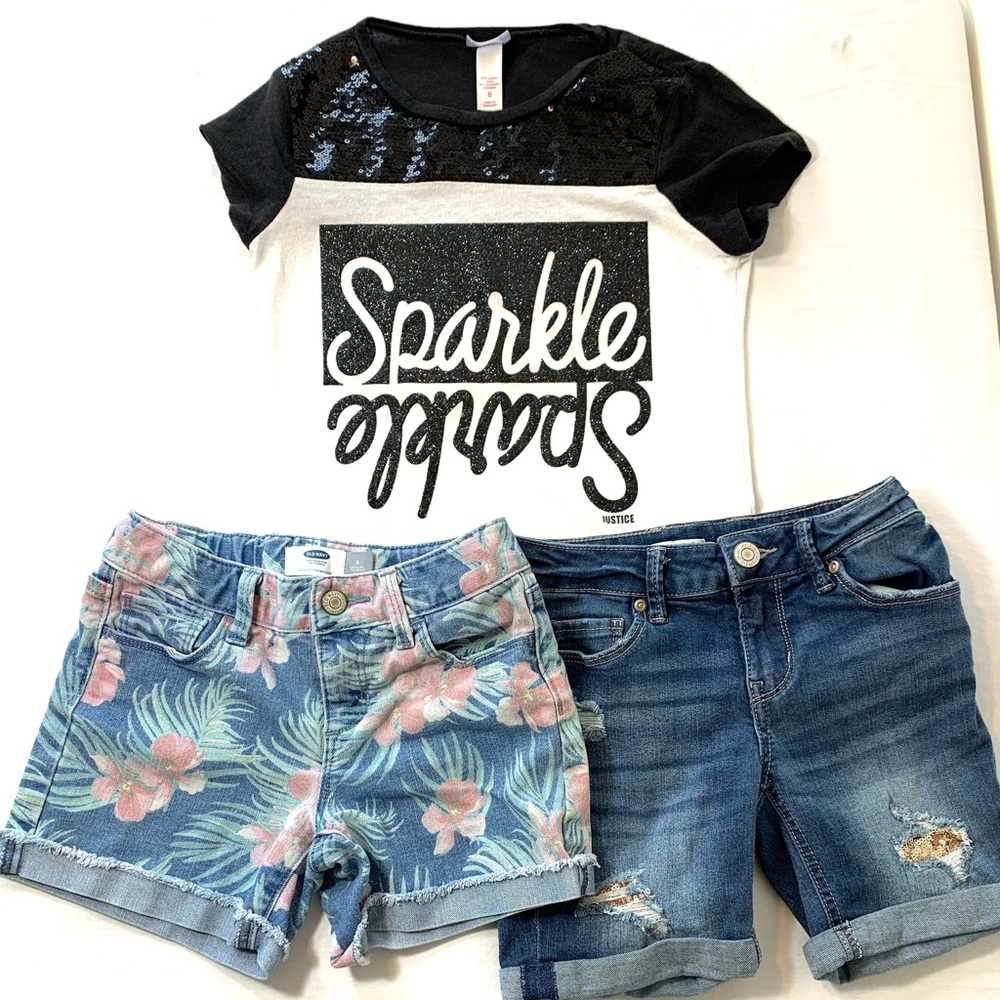 Girls size 8 bundle 3 pieces shirt & 2 shorts black & white sparkle blue jeans